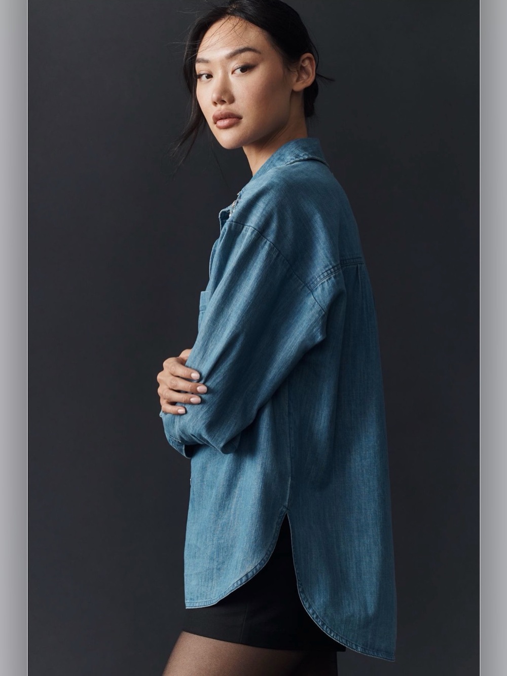 Anthropologie Pilcro Crystal-Embellished Denim button down Shirt oversized Blue - Picture 3 of 7